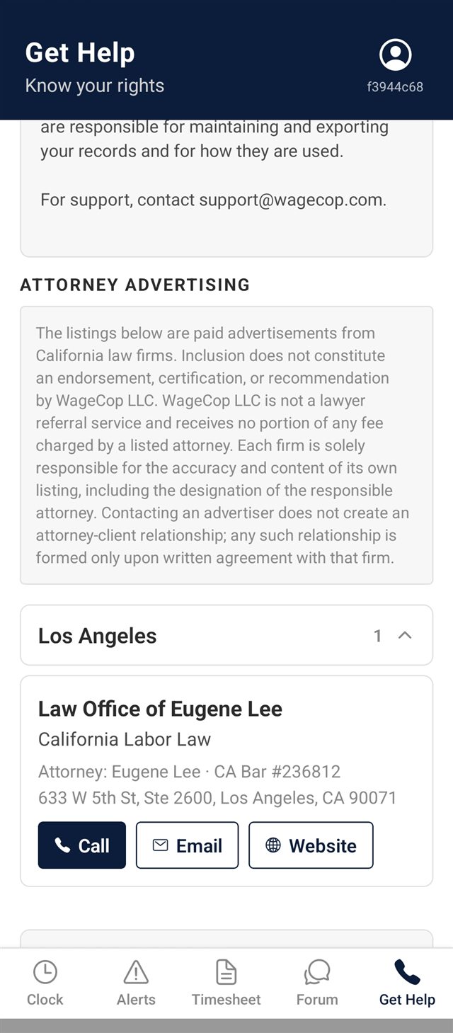 WageCop Get Help screen showing know-your-rights resources and a California labor-attorney listing.