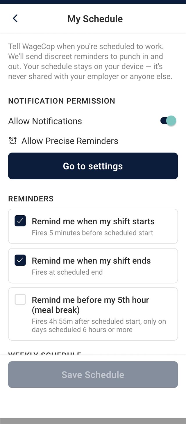 WageCop My Schedule screen with optional shift-start and shift-end reminder toggles.