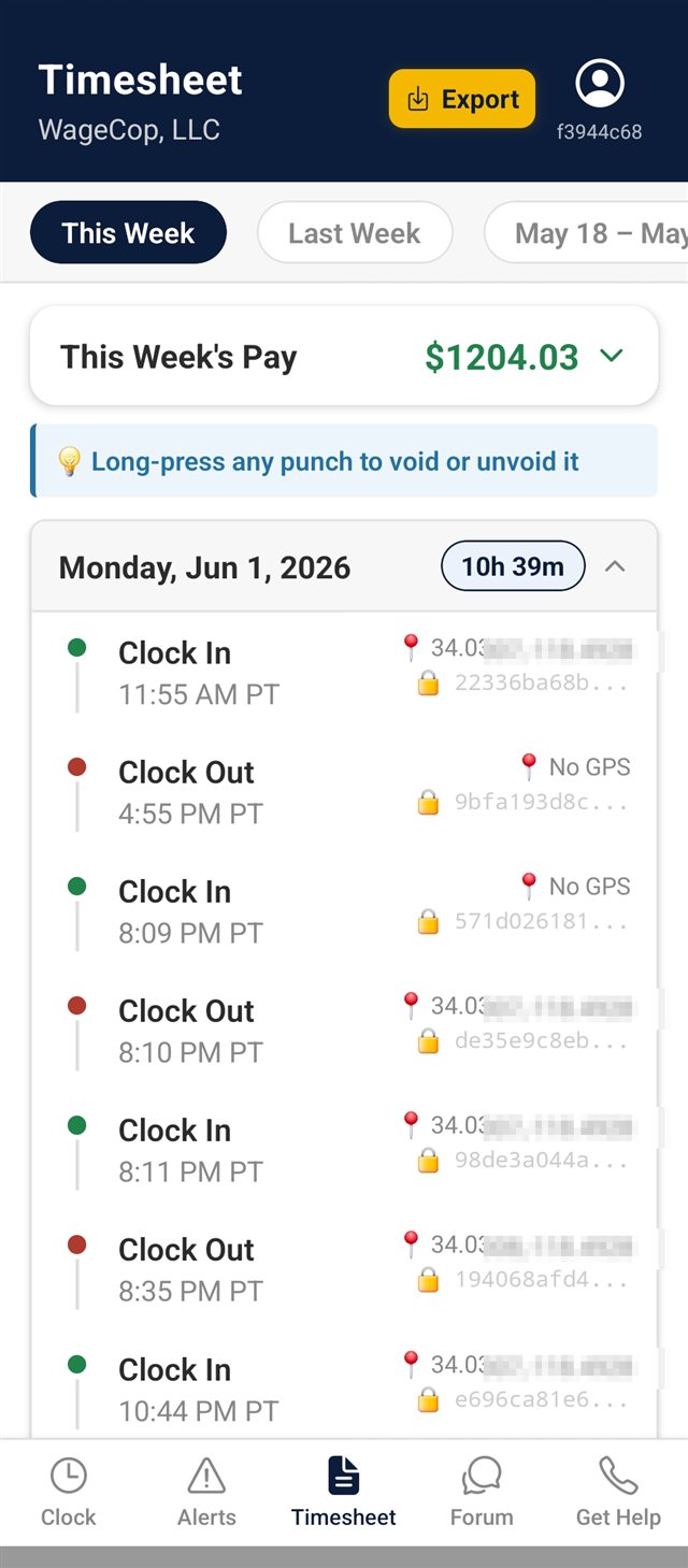 WageCop Timesheet screen: a day of clock-in and clock-out punches, each with a GPS pin and a SHA-256 hash lock, plus an Export button.